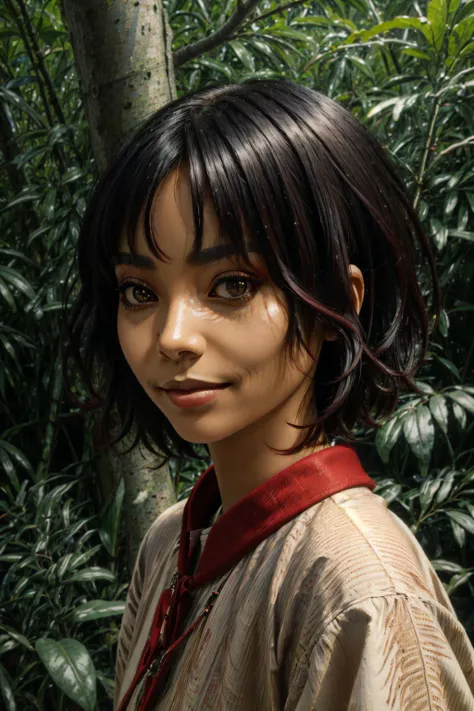 ((best quality)), ((masterpiece)), (detailed),4k, black woman, detaild face, wide eyes, long eyelashes, short hair, ((red hair)), small smile, forest,  puparia style, <lora:puparia_style_offset:0.8>,  <lora:more_details:0.6>