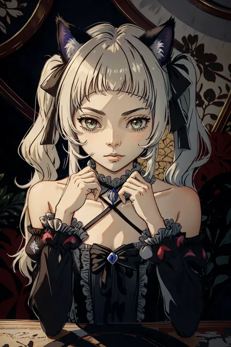 best quality, intricate details,
<lora:ShionV2D8_e6:0.8>  ShionGothic, smug, twintails, animal_ear_fluff,gothic_****ta,****ta_fashion,halter dress, cat ears,cat_girl,long dress, halterneck, layered dress,frilled dress, center_frills,detached sleeves, 
 <lora:puparia_style_offset:0.8> puparia style,  <lora:gendou pose:0.8> gendou pose,