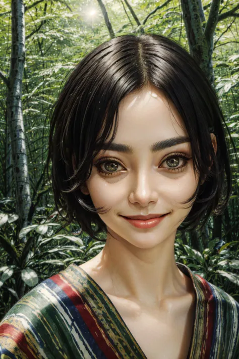 ((best quality)), ((masterpiece)), (detailed),4k, woman, detaild face, wide eyes, long eyelashes, short hair, floating hair, smiling, forest,  puparia style, <lora:puparia_style_offset:0.8>,  <lora:more_details:0.6>