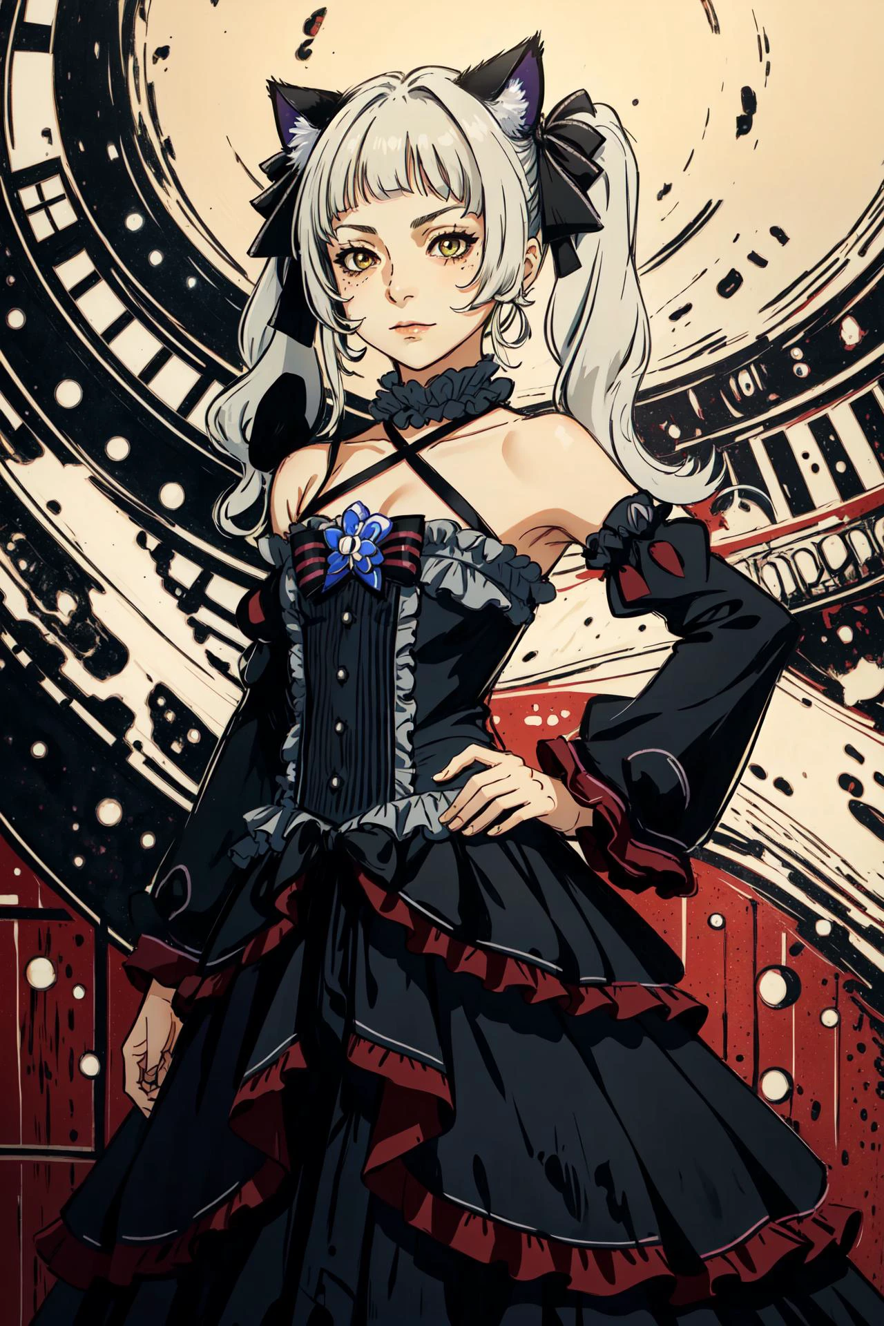 best quality, intricate details,
<lora:ShionV2D8_e6:0.8> ShionGothic, smug, twintails, animal_ear_fluff,gothic_ta,loliashion,halter dress, cat ears,cat_girl,long dress, halterneck, layered dress,frilled dress, center_frills,detached sleeves,
<lora:puparia_style_offset:0.8> puparia style,