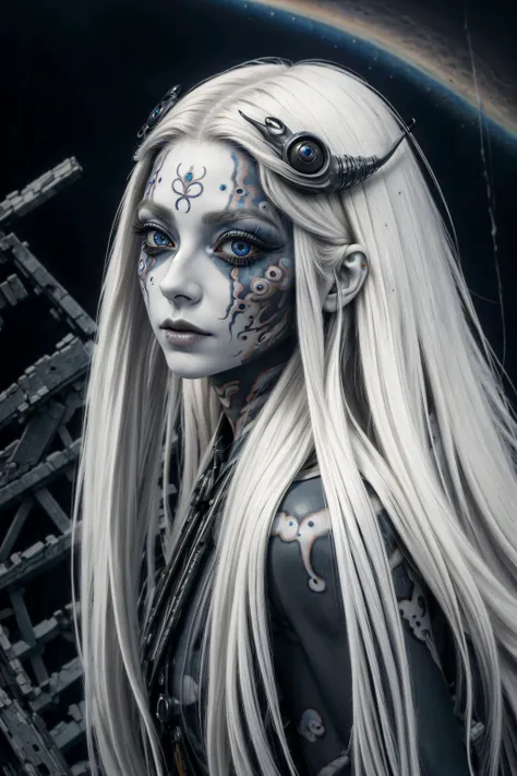 ((best quality)), ((masterpiece)), (detailed),4k, woman, pale skin, wide eyes, long eyelashes, long hair, floating hair, facepaint, bodypaint, intricate shapes, apocalypse, desolated, ruins, puparia style, <lora:puparia_style_offset:0.8>, <lora:more_details:0.6>