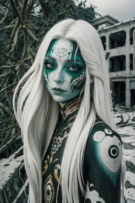 ((best quality)), ((masterpiece)), (detailed),4k, woman, pale skin, wide eyes, long eyelashes, long hair, floating hair, facepaint, bodypaint, intricate shapes, green hues,, apocalypse, desolated, ruins, puparia style, <lora:puparia_style_offset:0.8>
