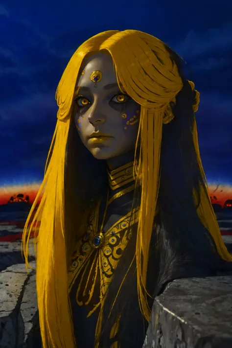 ((best quality)), ((masterpiece)), (highly detailed), creepy woman, long hair, floating hair, ((yellow eyes)), (eyeliner), <lora:Horror:0.7>,  <lora:puparia_style_offset:0.9>, puparia style, apocalypse, doomed world