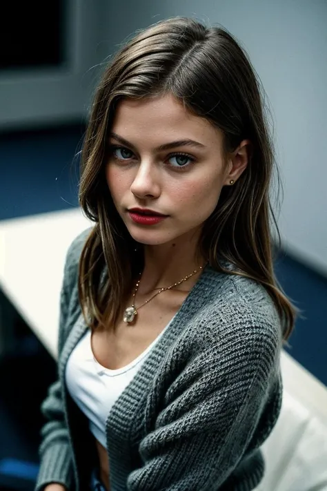 photo of fit Asun4F0x-135, a beautiful woman, perfect hair, (modern photo), Fair Isle knit cardigan, portrait, 85mm, (analog, cinematic, film grain:1.3), (Quantum Computing Lab, Research facility with superconducting qubits, quantum algorithms, and entanglement experiments.), detailed eyes, seductive pose, painted lips, (epiCPhoto), (looking at viewer:1.1), jewelry, (cinematic shot:1.3), (natural lighting, lit from above), <lora:add_detail:0.5>