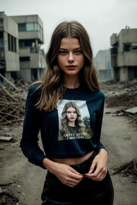 photo of fit (Asun4F0x-135:0.99), a beautiful woman, perfect hair, (modern photo), wearing a (power suit:1.3) a (crew neck funny t-shirt:1.2) under it with jewelry, portrait, 85mm, (analog, cinematic, film grain:1.3), (Post-Apocalyptic Wasteland, Desolate landscape with crumbling structures, overgrown flora, and polluted sky.), detailed eyes, professional pose, painted lips, (epiCPhoto), (looking at viewer:1.1), jewelry, (cinematic shot:1.3), (natural lighting, lit from above), <lora:add_detail:0.5>