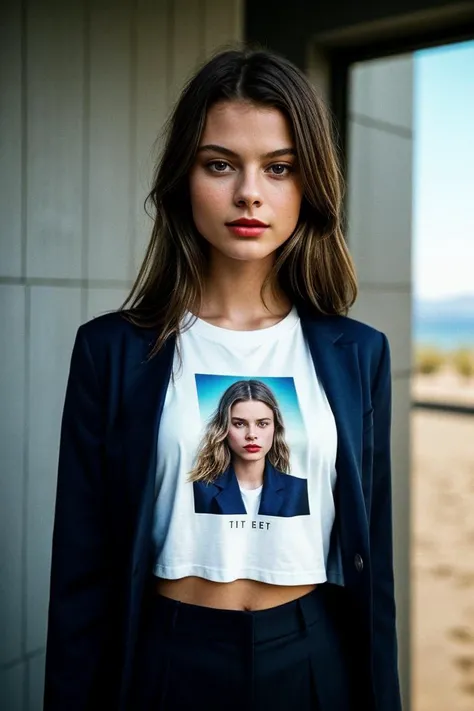 photo of fit (Asun4F0x-135:0.99), a beautiful woman, perfect hair, (modern photo), wearing a (power suit:1.3) a (crew neck funny t-shirt:1.2) under it with jewelry, portrait, 85mm, (analog, cinematic, film grain:1.3), (Glass Desert, Desert planet with smooth, mirror-like surface due to extreme heat.), detailed eyes, professional pose, painted lips, (epiCPhoto), (looking at viewer:1.1), jewelry, (cinematic shot:1.3), (natural lighting, lit from above), <lora:add_detail:0.5>