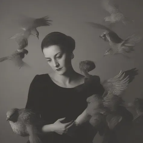 <lora:SDXL_Man_Ray_Style_Sa_May-000004:1> a woman with birds