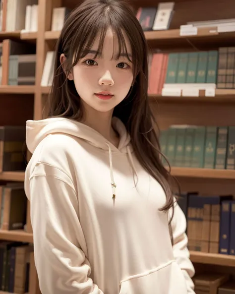 (RAW photo, best quality, masterpiece:1.2),ultra-detailed,perfect detail,(realistic, photorealistic:1.3),
(absurdres, highres:1.1), (1girl:1.4),
(library), indoors, book shelves,
BREAK
white hoodie, long sleeves,
shiny skin,small breasts,
solo, (straight-on:1.2),(upper body), looking at viewer, (slim arms:0), arms at side, standing, smile,
close shot,
<lora:}+N8N8[PV3:0.70>