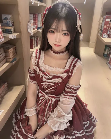 (RAW photo, best quality, masterpiece:1.2),ultra-detailed,perfect detail,(realistic, photorealistic:1.3), 
(absurdres, highres:1.1), (1girl:1.4), 
(library), indoors, book shelves,   
BREAK
shiny skin,small breasts, 
solo, (straight-on:1.2),(upper body), looking at viewer, (slim arms:0), (arms at side:1.1), standing, smile, 
close shot, 
 <lora:}+N8N8[PV3:0.70>  <lora:m2h-[NINEODES]ta [N]kL]Loli.9>