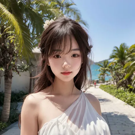 (RAW photo, best quality, masterpiece:1.2),ultra-detailed,perfect detail,(realistic, photorealistic:1.3),
(absurdres, highres:1.1), (1girl:1.4),
White sandy beaches, turquoise waters, palm trees, coral reefs, seaside,
BREAK
(portrait),
white sheer layered dress,
shiny skin,
solo, (straight-on),(upper body:1.1), arms at side, smile,
<lora:紫薯丸丸子V3:0.75>