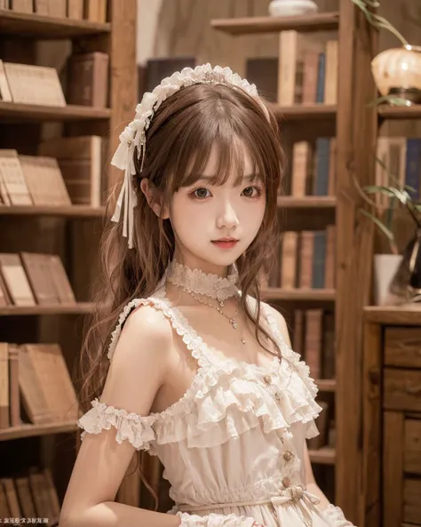 (RAW photo, best quality, masterpiece:1.2),ultra-detailed,perfect detail,(realistic, photorealistic:1.3), 
(absurdres, highres:1.1), (1girl:1.4), 
(library), indoors, book shelves,   
BREAK
portrait, 
shiny skin,small breasts, 
solo, (straight-on:1.2),(upper body), looking at viewer, (slim arms:0), (arms at side), standing, smile, 
close shot, 
 <lora:}+N8N8[PV3:0.70>   <lora:v}gY-[NINEODES]Lolita [N]kL]Lolita:0.5>