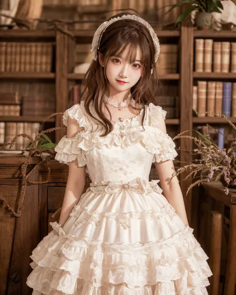 (RAW photo, best quality, masterpiece:1.2),ultra-detailed,perfect detail,(realistic, photorealistic:1.3), 
(absurdres, highres:1.1), (1girl:1.4), 
(library), indoors, book shelves,   
BREAK
portrait, 
shiny skin,small breasts, 
solo, (straight-on:1.2),(upper body), looking at viewer, (slim arms:0), (arms behind back:1), standing, smile, 
close shot, 
 <lora:}+N8N8[PV3:0.70>   <lora:v}gY-[NINEODES]Lolita [N]kL]Lolita:0.6>