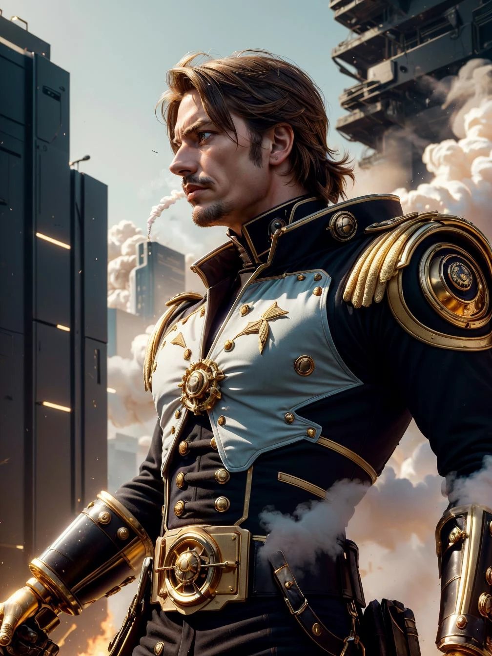 (masterpiece, best quality, highres, high resolution:1.2), (outlines:1.1), extremely detailed, intricate details, (dark theme:1.2), art, stylized,
(1man, old male:1.2), wise, light blue eyes, ginger hair, long hair,
<lora:GoodHands-beta2:0.8>,
Style-GravityMagic, solo, from front, front view, half shot, looking up, detailed background, detailed face, (<lora:LuxTech:0.7>, cyberpunk, gold, luxurious, luxtech theme:1.1), military commander, general, (1800s, cannons, napoleonic era:1.1), historic, determined expression, elegant clothes, leadership, , tactical genius, , charismatic, stronghold in background, dust and smoke,