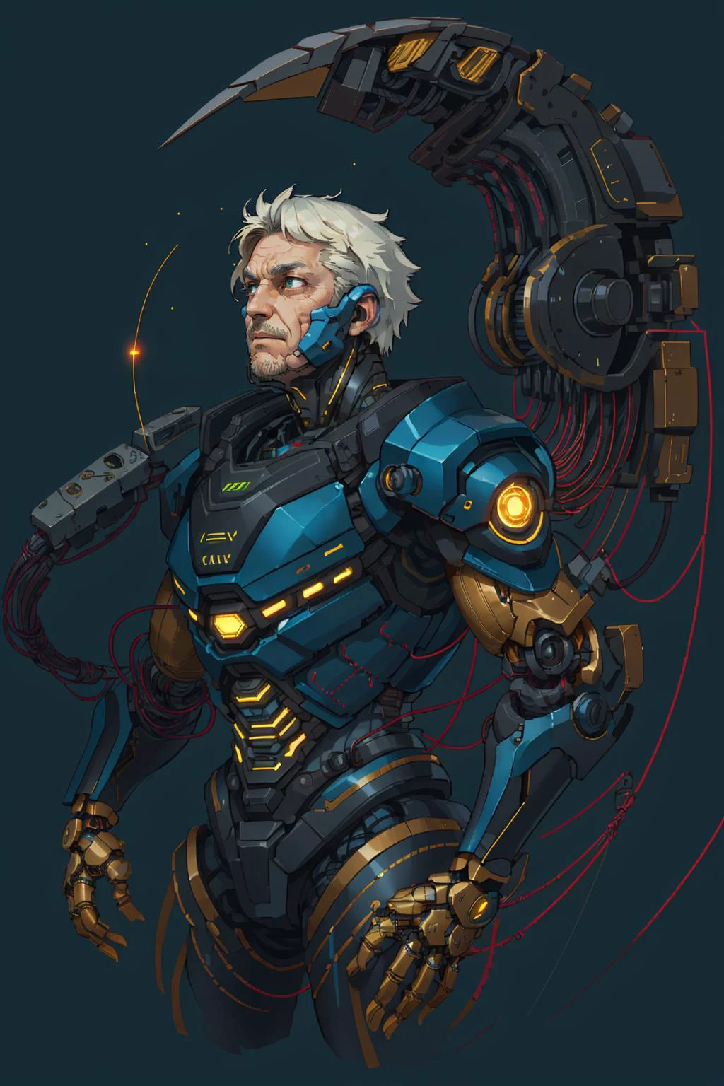 (inked original-art:1.2), (lineart:1.31), (fine-details:1.3), Flat-colors, <lora:pixel_f2:0.4>, pixel,
(1man, wrinkled face, old male:1.2), coral eyes, white hair, buzz cut,
<lora:GoodHands-beta2:0.8>,
solo, half shot, looking up, detailed background, detailed face, (<lora:LuxTech:0.6>, luxtech theme:1.1), android, cyborg, biomechanical limbs, mechanical eyes, wires, cables, advanced technology, dynamic pose, artificial intellgience, powered by nuclear fission, particle effects, bright dark blue lights, energy pulse, reflections, wires in background, cinematic atmosphere,