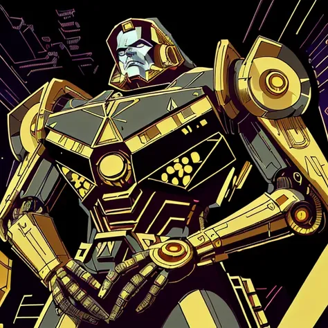 60s scifi ink comic by Jack Kirby, A complex machine, <lora:LuxTech:0.8> luxtech, luxurious, gold, cyberpunk