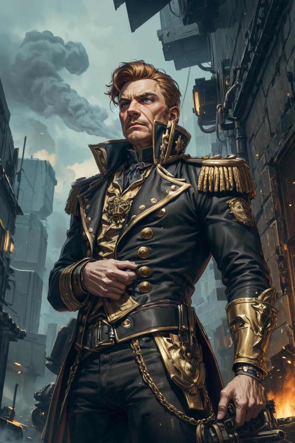 (masterpiece, best quality, highres, high resolution:1.2), (outlines:1.1), extremely detailed, intricate details, (dark theme:1.2), art, stylized, <lora:tangbohu-detailer_1.0:0.7>, <lora:smol02:0.3>,
(1man, old male:1.2), wise, light blue eyes, ginger hair, long hair,
<lora:GoodHands-beta2:0.8>,
Style-GravityMagic, solo, from front, front view, half shot, looking up, detailed background, detailed face, (<lora:LuxTech:0.6>, cyberpunk, gold, luxurious, luxtech theme:1.1), military commander, general, (1800s, cannons, napoleonic era:1.1), historic, determined expression, elegant clothes, leadership, , tactical genius, , charismatic, stronghold in background, dust and smoke,
