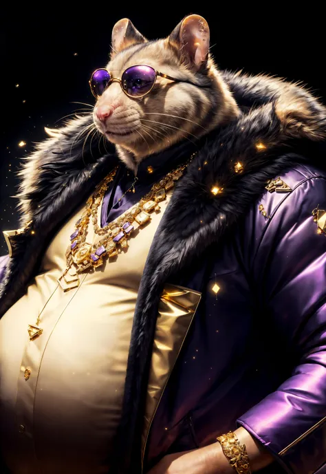 <lora:add_detail:0.4> <lora:LuxTech:0.6> luxtech, (masterpiece, best quality, realistic, detailed, crisp:1.2), (low angle, picture), (fat rat), wearing shades, pimp fur coat, purple and gold, necklace, sleek, dim light, light particles, sidelighting, gleam, luxurious, gold,