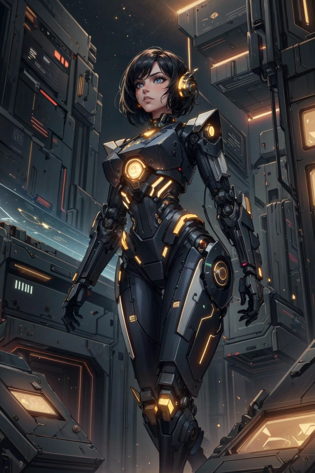 (masterpiece:1.2, best quality:1.2, beautiful, high quality, highres:1.1), detailed, extremely detailed, abstract art, dark, 4K, <lora:add_detail:0.5>, <lora:kittew_v0.1:0.3>, <lora:mitsuart_v8.1a:0.2>,
<lora:GoodHands-beta2:0.8>,
1 girl, adult woman, ruby eyes, brown blowout hair, ombre,
portrait, solo, half shot, looking up, detailed background, detailed face, (<lora:LuxTech:0.6>, cyberpunk, luxurious, scifi, luxtech theme:1.1), android, cyborg, mechanical limbs, cables, advanced technology, walking, emotionless, sleek design, augmented reality, steel, nanotechnology, circuits, robotics, gadgets, powered by magic, particle effects, bright lights, bioluminescent parts, energy pulse, neon colors, cosmic space in background, cinematic atmosphere,