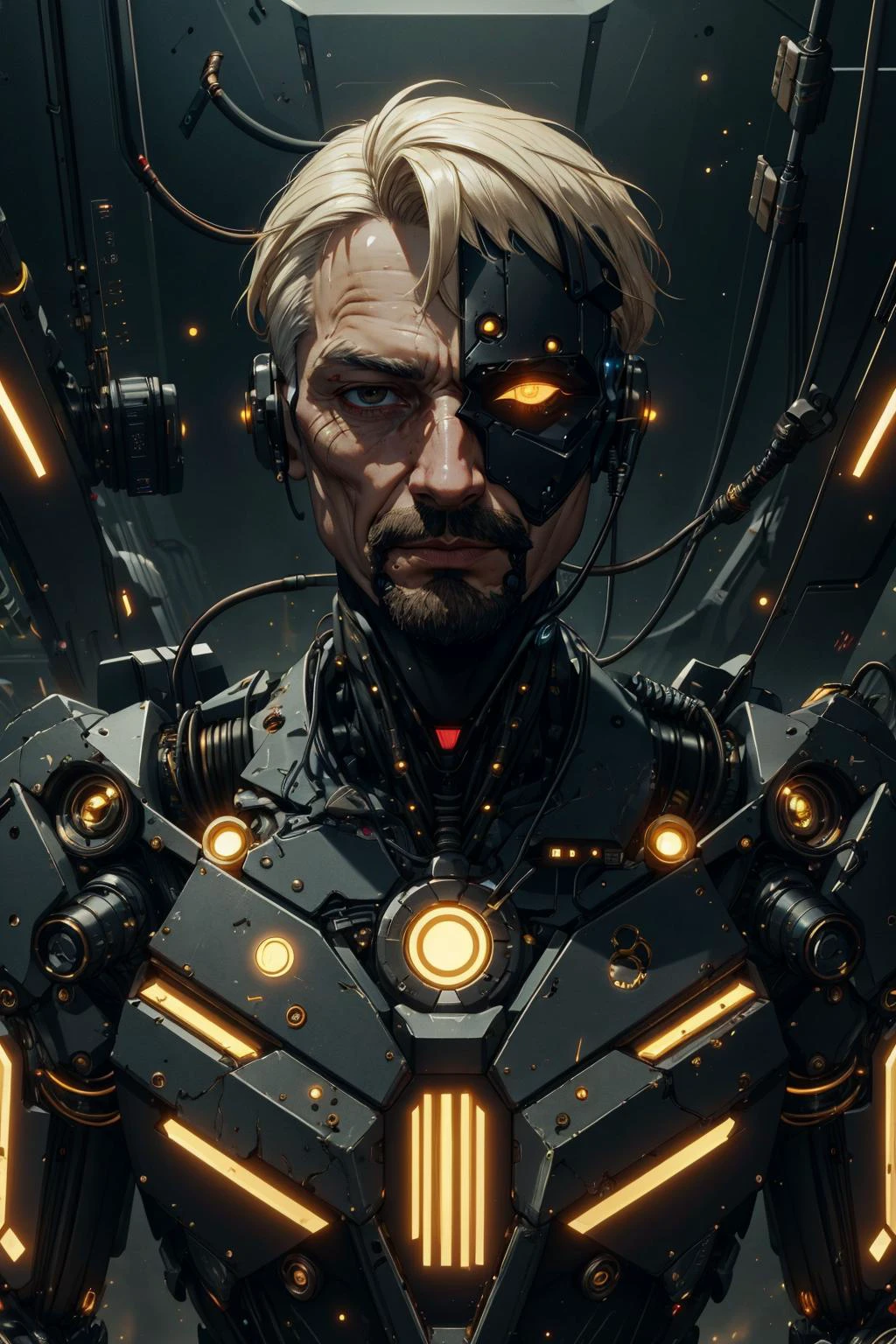 colorful, hyper detail, dramatic light, intricate details, best quality, (extremely detailed CG unity 8k wallpaper, masterpiece, best quality, ultra-detailed, best shadow), <lora:add_detail:0.3>, <lora:sharpen-soften:-0.25>, <lora:stylesqueeze_v2:0.5>,
(1man, wrinkled face, old swedish male:1.2), wise, dark brown eyes, platinum blonde hair, fade with mustache,
solo, upper body, looking at viewer, detailed background, detailed face, (<lora:LuxTech:0.6>, cyberpunk, luxurious, luxtech theme:1.1), android, cyborg, mechanical limbs, mechanical eyes, wires, cables, advanced technology, running, sleek design, steel, digital implants, electronics, gears, gadgets, powered by magic, holograms, particle effects, bioluminescent parts, force field, reflections, cosmic space in background, epic atmosphere,