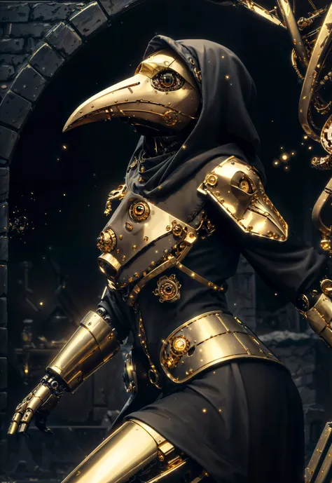 <lora:add_detail:0.4> <lora:LuxTech-20:0.6> luxtech, (masterpiece, best quality, realistic, detailed, crisp:1.2), (low angle, cowboy shot, picture), medieval, (1girl), <lora:plague doctor:0.8> plague doctor, gold mask, glimmering eyes, mechanical parts, gold, sleek, dim light, light particles, gleam, luxurious, gold,