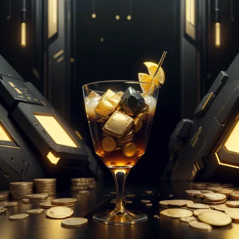 <lora:LuxTech-20:0.8>,luxtech ,scifi, luxurious, gold, cyberpunk,
cocktail glass, still life, money ,