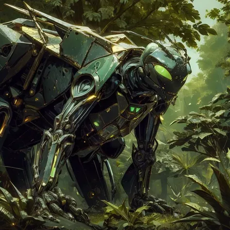(nomad bug tied with a alien), A solitary nomadic insect perches on a leaf, its vibrant colors standing out against the green backdrop, a beautiful contrast in nature. scifi <lora:LuxTech-20:1>