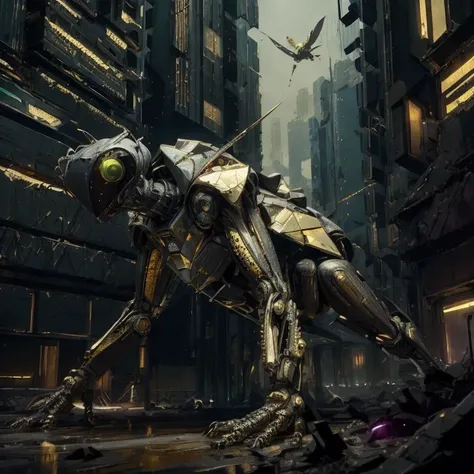 (nomad bug disordered with a alien), In a bustling urban setting, a group of nomadic insects finds refuge amidst the concrete jungle, using the cracks and crevices of buildings as their temporary homes. scifi luxurious, gold, cyberpunk, scifi<lora:LuxTech-20:1>
