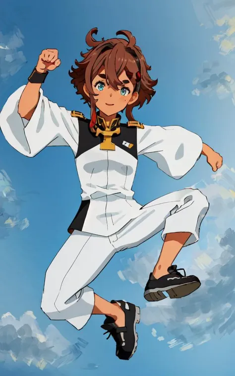 smile :D <lora:_usoJump_v10:1> vjump jumping floating hair, <lora:sulelo:0.7:lbw=NP> sulelo 1girl 17years old dark turquoise eyes (round_eyes) (darkbrown thick eyebrows) rounded eyelashes, small breasts skindantation ahoge hairline (half slicked back hairstyle) (hair pulled back) asymmetrical bangs darkbrown hair short hair big hair messy hair fripped hair, shaggy hair hairy hair (low ponytail square knot) dark_skin, +++ white uniform +++