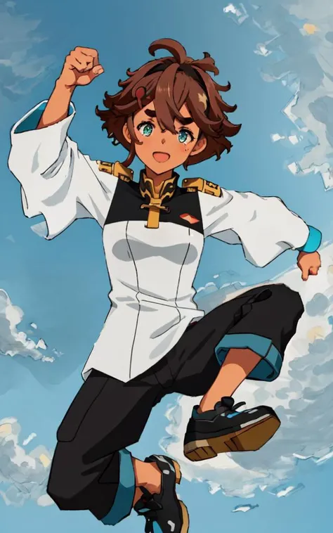 smile :D <lora:_usoJump_v10:1>  vjump jumping floating hair, <lora:sulelo:0.7:lbw=NP> sulelo 1girl 17years old dark turquoise eyes (round_eyes) (darkbrown thick eyebrows) rounded eyelashes, small breasts skindantation ahoge hairline (half slicked back hairstyle) (hair pulled back) asymmetrical bangs darkbrown hair short hair big hair messy hair fripped hair, shaggy hair hairy hair (low ponytail square knot) dark_skin, +++ white uniform  +++
