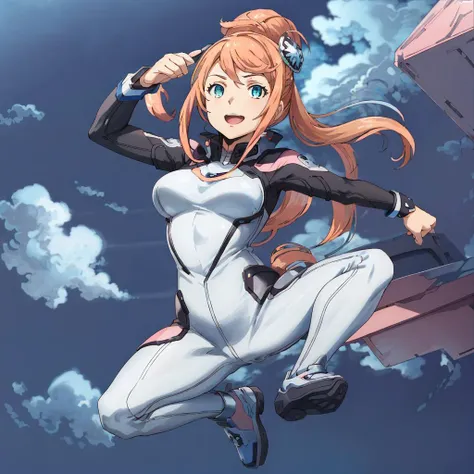 1girl,masterpiece, best quality,detailed cg 8k wallpaper, ultra-detailed, illustration, aida surugan,1girl,masterpiece, best quality,full body <lora:aidaSuruganGundam_v10:0.8>,vjump,jumping,(blue sky:1.2),<lora:usoJump_v10:0.7>,long hair,orange hair,hair ornament,bodysuit,sister,open mouthe,happy,simple background,sky