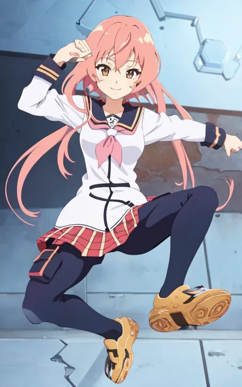 <lora:_usoJump_v10:1>, best quality, high detailed, Faint lips,UC:realistic, cinematic lighting kawaii cute 1girl pink hair hazel eyes, seductive smile school_Uniform Fullbody dynamic pose, +++ best quality, high detailed, anime coloring illustration game cg contrapposto <lora:_flat2:0.6:ALL> ++ Faint lips,UC:realistic cute anime face cinematic angle Girl at the front single focus dynamic pose