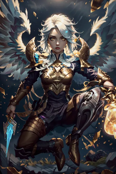(masterpiece, best quality), intricate details, 8k, artstation, wallpaper, official art, splash art, sharp focus,
1girl, solo, <lora:Kayle:0.8> kayle \(league of legends\),
<lora:usoJump_v10:0.8> vjump,jumping,,