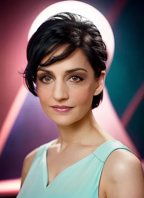 portrait of skswoman, :3 , wearing cocktail dress , with Shag haircut , background ship, epic (photo, studio lighting, hard light, sony a7, 50 mm, matte skin, pores, colors, hyperdetailed, hyperrealistic), <lyco:Archie Panjabi:1.1>