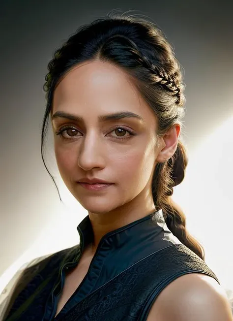 portrait of skswoman, coy , wearing runway fashion , with Braids , background bedroom, epic (photo, studio lighting, hard light, sony a7, 50 mm, matte skin, pores, colors, hyperdetailed, hyperrealistic), <lyco:Archie Panjabi:1.1>