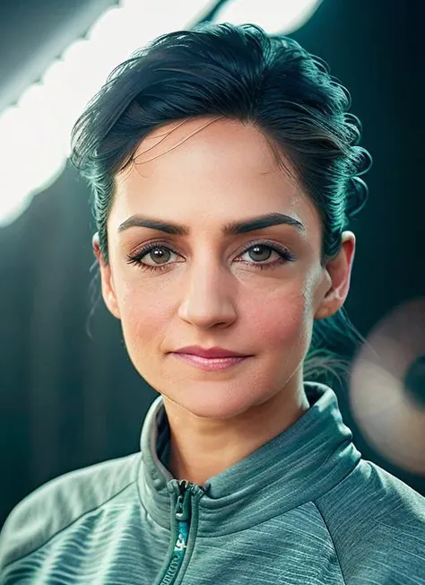 portrait of skswoman, skeptical , wearing activewear , with Feathered haircut , background office, epic (photo, studio lighting, hard light, sony a7, 50 mm, matte skin, pores, colors, hyperdetailed, hyperrealistic), <lyco:Archie Panjabi:1.1>