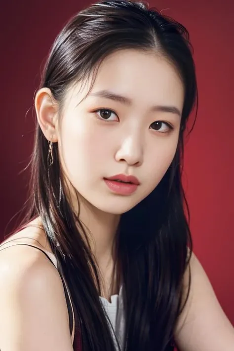 (best quality,masterpiece:1.2),1girl,8k,ultra high res,ultra detailed,best quality,looking at viewer,perfect lighting,flat light,ultra high quality,ultra high res,masterpiece,photorealistic,detailed face,(simple background),(maroon background), <lora:KshrMmn:1>