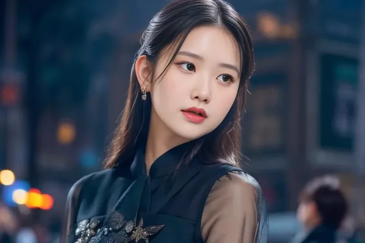 masterpiece,realistic, 4k, detailed, a close up of <lora:KshrMmn:1> ,KshrMmn ,modeling in street in the night, highly detailed face, f2.8,denoise, dof, full body, elegant black clothes, blur background, fireworks