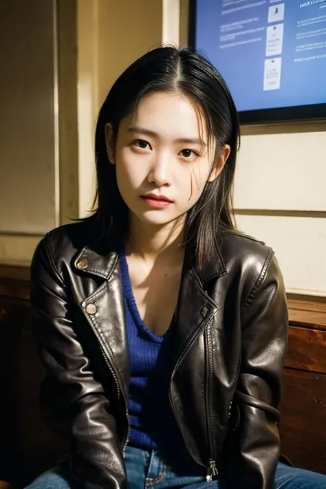 Best quality, masterpiece, ultra high res, (photorealistic:1.4), raw photo, closeup, in coffeeshop, deep shadow, dark theme, sitting down, leather jacket, <lora:KshrMmn:1>