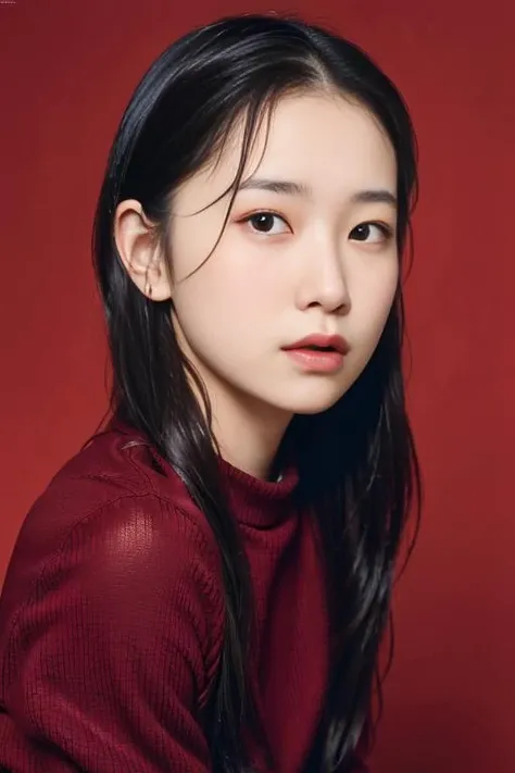 (best quality,masterpiece:1.2),1girl,8k,ultra high res,ultra detailed,best quality,looking at viewer,perfect lighting,flat light,ultra high quality,ultra high res,masterpiece,photorealistic,detailed face,(simple background),(maroon background), <lora:WDY4k4:1>