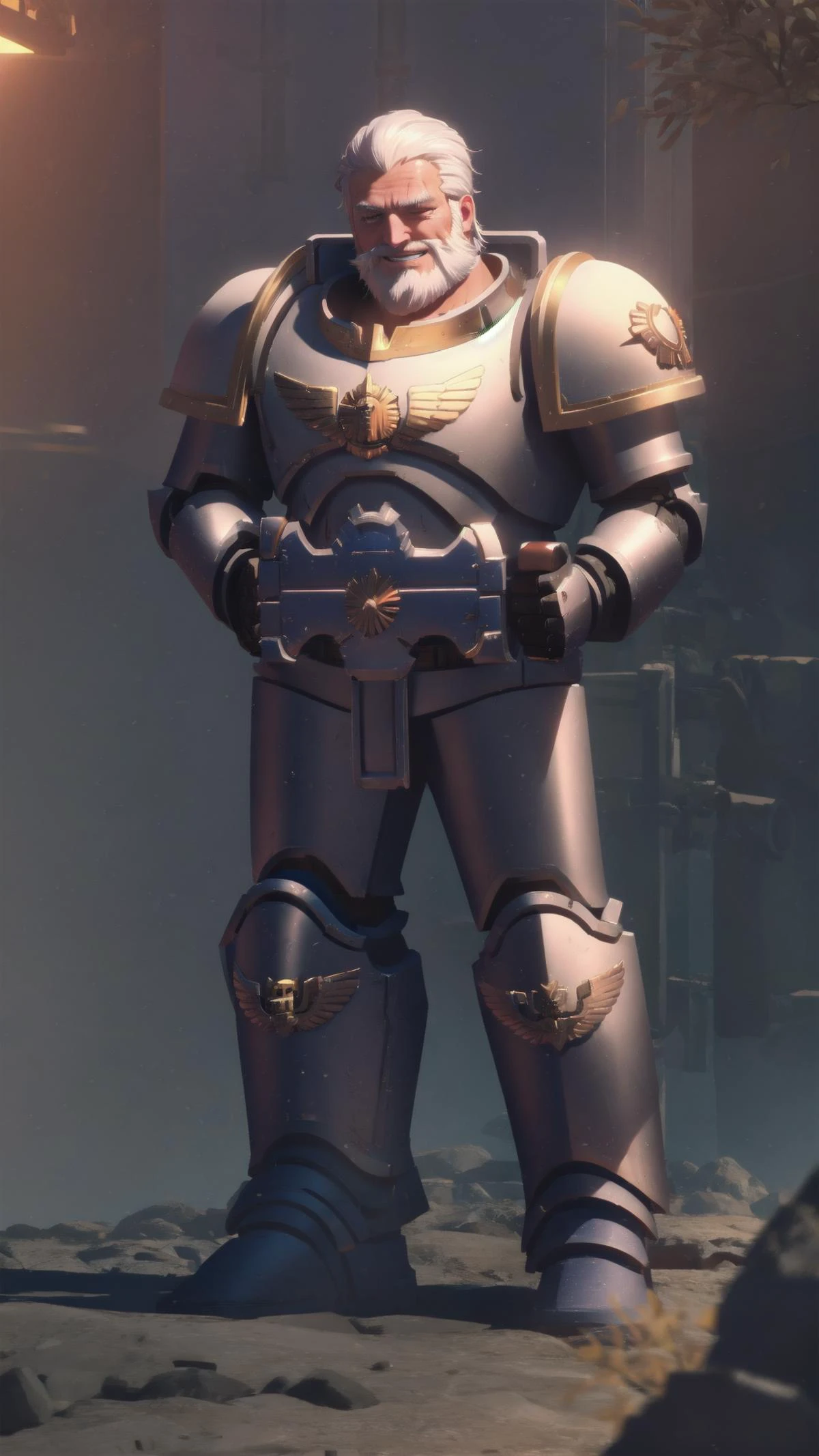 <lora:reinhardt-3.0:0.5> reinhardt, old man, 1boy, white hair, beard, scar, full body, laughing, BREAK, <hypernet:spaceMarine_v10:1> spaceMarine warhammer 40k, silver armor, holding weapon, shoulder plates,, masterpiece, best quality, extremely detailed, highly quality, 4k, sharp focus, professional, sharp focus, award winning, cinematic lighting, octane render, unreal engine, volumetrics dtx, Wallpaper,