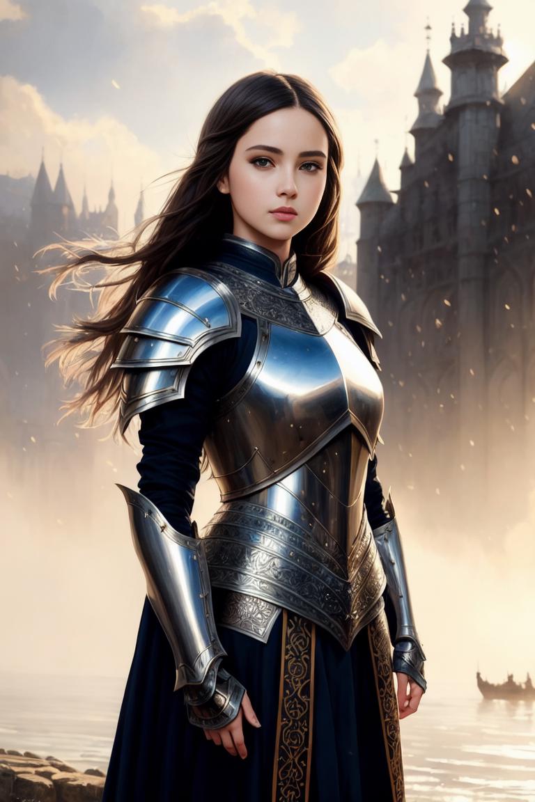 A woman in armor standing in front of a castle - SeaArt AI