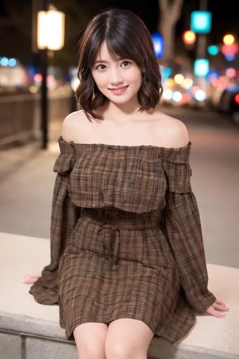 1girl, (wearing an off-the-shoulder dress:1.4),(RAW photo, best quality), (realistic, photo-realistic:1.4), masterpiece, an extremely delicate and beautiful, extremely detailed, 2k wallpaper, Amazing, finely detail, extremely detailed CG unity 8k wallpaper, ultra-detailed, highres, soft light, beautiful detailed girl, extremely detailed eyes and face, beautiful detailed nose, beautiful detailed eyes,(cinematic lighting:0.8),(in the city at night:1.8),(night city view:0.8),perfect anatomy,slender body,smiling,(young girl:1.6),(close up:1.6),(look at viewer),(front view:1.4),cinematic angle,(cleavage:1.4),(wavy long hair),(brown eyes:1.6), <lora:fukagawaseria_lora-01:0.8>