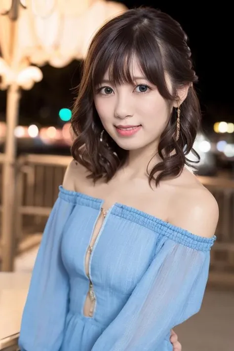 1 Girl, (Wearing a rainbow dress:1.2), (Supercluster), Very beautiful Japanese idol portraits, (RAW Photos, Highest quality), (Realistic, Realistic:1.4), (masterpiece), Very delicate and beautiful, Very detailed, 2k wallpaper, wonderful, finely, Very detailed CG Unity 8K wallpaper, Very detailed, High resolution, Soft Light, Beautiful detailed girl, Very detailed目と顔, Beautiful and sophisticated nose, Beautiful and beautiful eyes, Cinema Lighting, (Fashion magazine photography:1.3), (Outdoor), (night lighting), (Waterfront), (short hair), Complete Anatomy, Slender body, Small breasts, smile