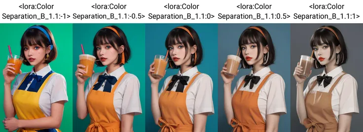 (masterpiece, best quality), intricate details, 8k, artstation, wallpaper, sharp focus,1girl, solo, black hair, short hair, blue eyes, bangs, ribbon, puffy short sleeves, looking at viewer, food, orange ribbon, blood, upper body, apron, bob cut, orange hairband, blue background, dress, parted lips, red lips, brown bow, neck ribbon, blunt bangs, holding cup, two-tone background, drinking straw, collared shirt, fix,good hands,cute,whole body, <lora:Color Separation_B_1.1:-1>