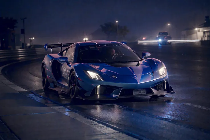 Best quality, masterpiece, ultra high res, (photorealistic:1.4), raw photo,Exciting road racing with flashing lights,night,supercar,fix,<lora:sharpening_B_1.1:1.5>, <lora:Brightness Adjustment_B_1.1:0.3>, <lora:Brightness Control_L_1.1:-0.6>, <lora:Color Separation_B_Blue_1.1:1.55>,blue glowing particles,smoke,