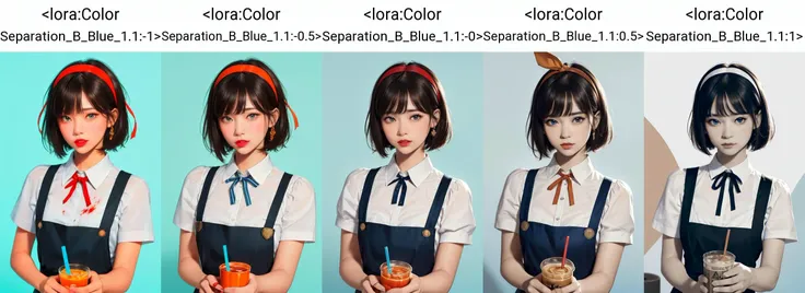 (masterpiece, best quality), intricate details, 8k, artstation, wallpaper, sharp focus,1girl, solo, black hair, short hair, blue eyes, bangs, ribbon, puffy short sleeves, looking at viewer, food, orange ribbon, blood, upper body, apron, bob cut, orange hairband, blue background, dress, parted lips, red lips, brown bow, neck ribbon, blunt bangs, holding cup, two-tone background, drinking straw, collared shirt, fix,good hands,cute,whole body,  <lora:Color Separation_B_Blue_1.1:-1>