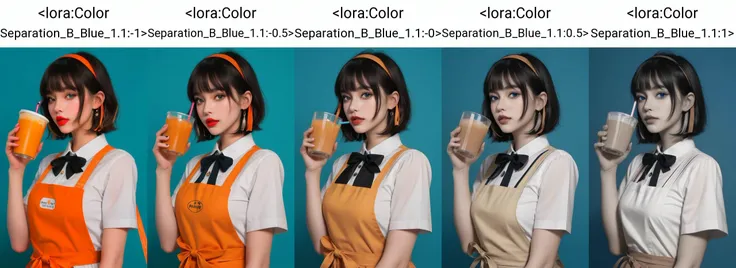 (masterpiece, best quality), intricate details, 8k, artstation, wallpaper, sharp focus,1girl, solo, black hair, short hair, blue eyes, bangs, ribbon, puffy short sleeves, looking at viewer, food, orange ribbon, blood, upper body, apron, bob cut, orange hairband, blue background, dress, parted lips, red lips, brown bow, neck ribbon, blunt bangs, holding cup, two-tone background, drinking straw, collared shirt, fix,good hands,cute,whole body, <lora:Color Separation_B_Blue_1.1:-1>