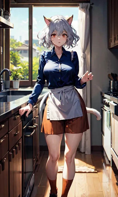 masterpiece, perfectly detailed, detailed face, detailed eyes, beautiful eyes, anime,
morning, summer, dawn, wooden house, large spacious kitchen, rays of the sun, warm lighting, pleasant atmosphere, 
1girl, standing without clothes, sideboob, white chef's apron covers the body in front, large breasts, slender, beautiful, sexy, disheveled uncombed hair of unnatural color, thicc,
<lora:LoRA_Neferpitou:0.8> NeferpitouDef, orange eyes, white hair, short hair, wavy hair, bangs, curly hair, animal ears, hair between eyes, cat girl, cat tail, tail, cat ears, shirt, long sleeves, pantyhose, shorts, collared shirt, blue shirt, spoken question mark, brown shorts, orange shorts, shoes, socks, other focus, hunter x hunter, neferpitou