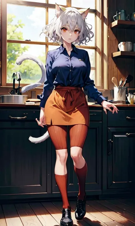 masterpiece, perfectly detailed, detailed face, detailed eyes, beautiful eyes, anime,
morning, summer, dawn, wooden house, large spacious kitchen, rays of the sun, warm lighting, pleasant atmosphere, 
1girl, standing without clothes, sideboob, white chef's apron covers the body in front, large breasts, slender, beautiful, sexy, disheveled uncombed hair of unnatural color, thicc,
<lora:LoRA_Neferpitou:0.8> NeferpitouDef, orange eyes, white hair, short hair, wavy hair, bangs, curly hair, animal ears, hair between eyes, cat girl, cat tail, tail, cat ears, shirt, long sleeves, pantyhose, shorts, collared shirt, blue shirt, spoken question mark, brown shorts, orange shorts, shoes, socks, other focus, hunter x hunter, neferpitou