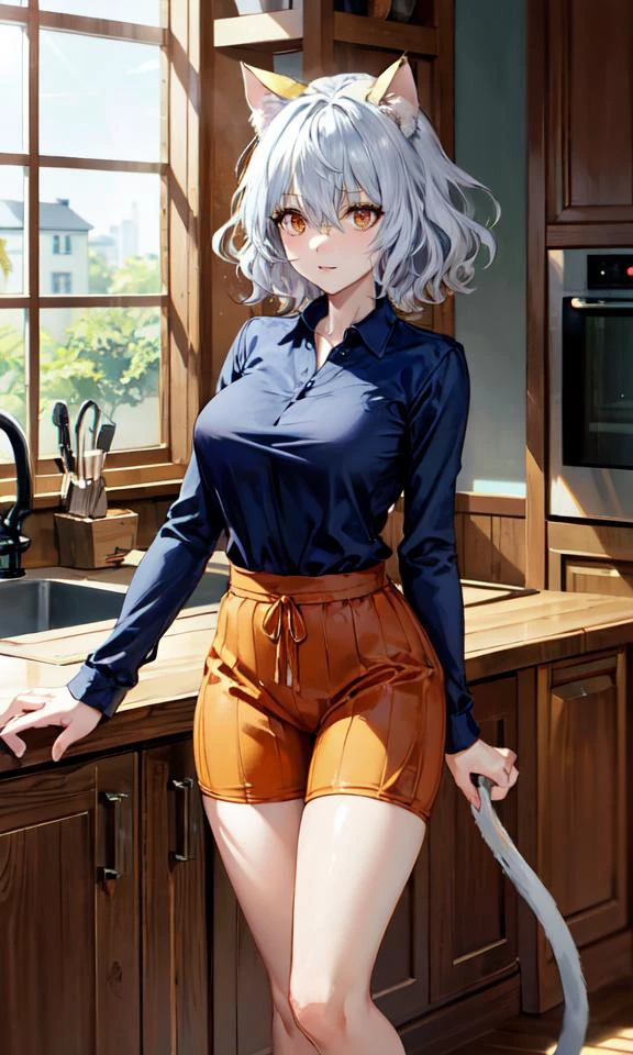 masterpiece, perfectly detailed, detailed face, detailed eyes, beautiful eyes, anime,
morning, summer, dawn, wooden house, large spacious kitchen, rays of the sun, warm lighting, pleasant atmosphere,
1girl, standing without clothes, sideboob, white chef's apron covers the body in front, large breasts, slender, beautiful, sexy, disheveled uncombed hair of unnatural color, thicc,
<lora:LoRA_Neferpitou:0.8> NeferpitouDef, orange eyes, white hair, short hair, wavy hair, bangs, curly hair, animal ears, hair between eyes, cat girl, cat tail, tail, cat ears, shirt, long sleeves, pantyhose, shorts, collared shirt, blue shirt, spoken question mark, brown shorts, orange shorts, shoes, socks, other focus, hunter x hunter, neferpitou